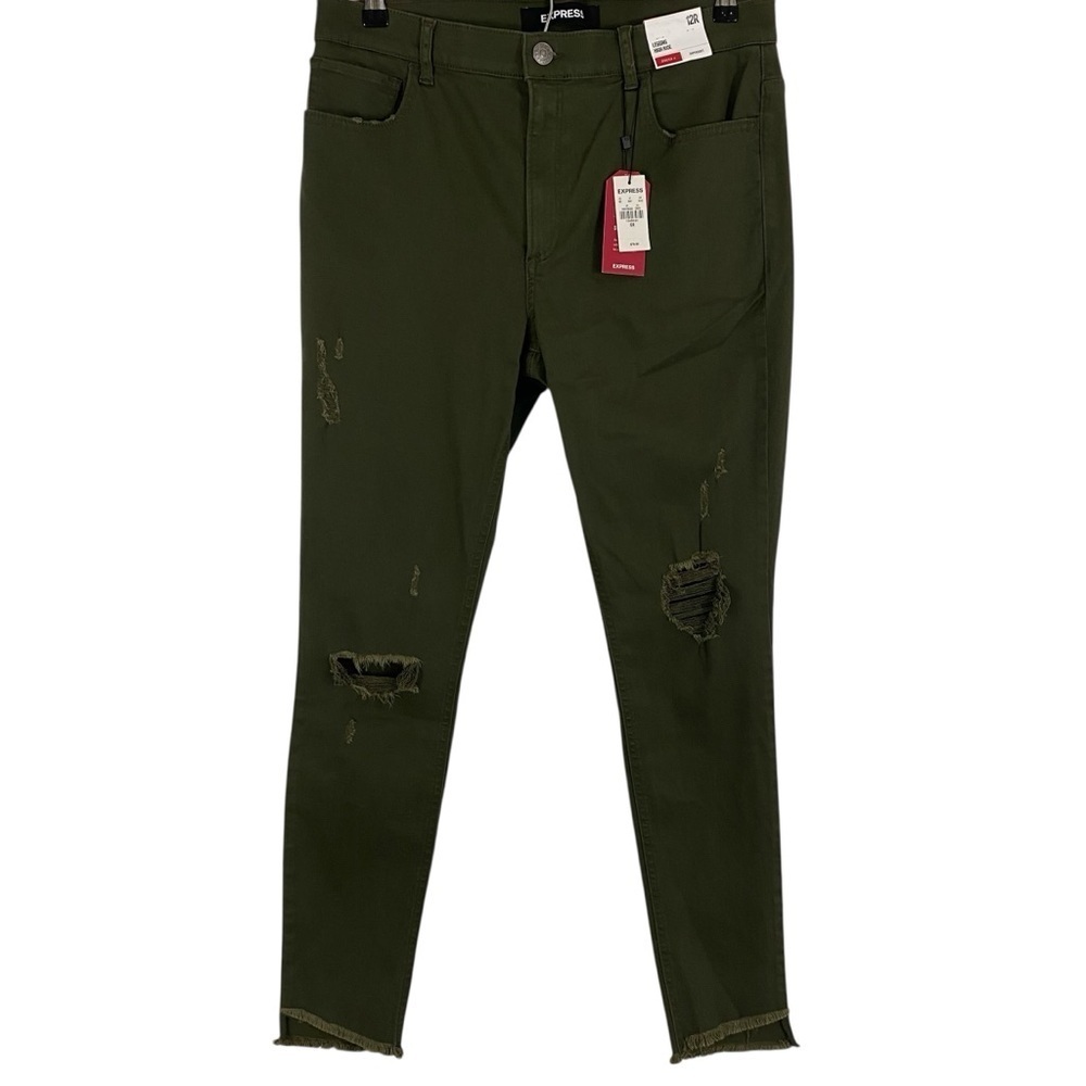 Express Womens Jeans Sz 12 Legging High Rise Stretch Supersoft Green Distressed